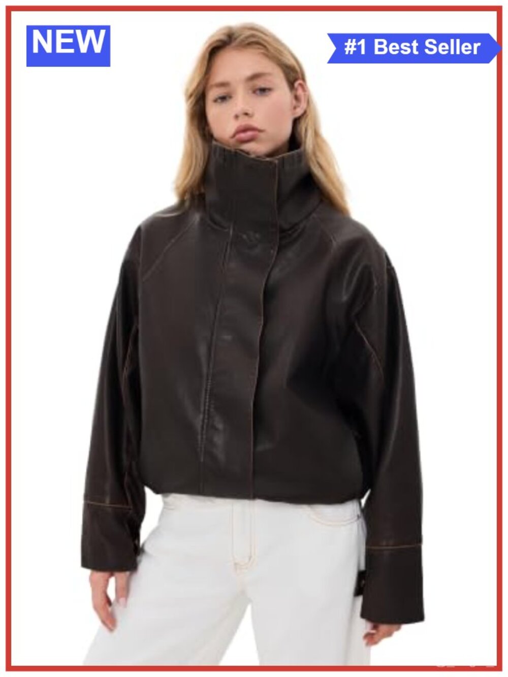 Faux Leather Funnel Neck Casual Jacket Drawstring Hem Snap Cuffs